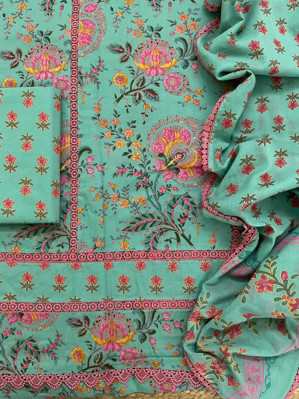Pure Cotton Printed Embroidered Suit - Sea Green