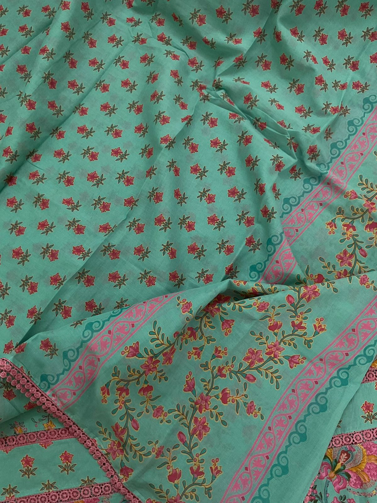 Pure Cotton Printed Embroidered Suit - Sea Green