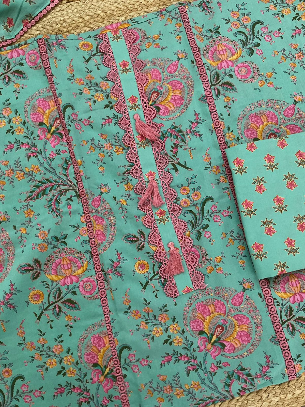 Pure Cotton Printed Embroidered Suit - Sea Green