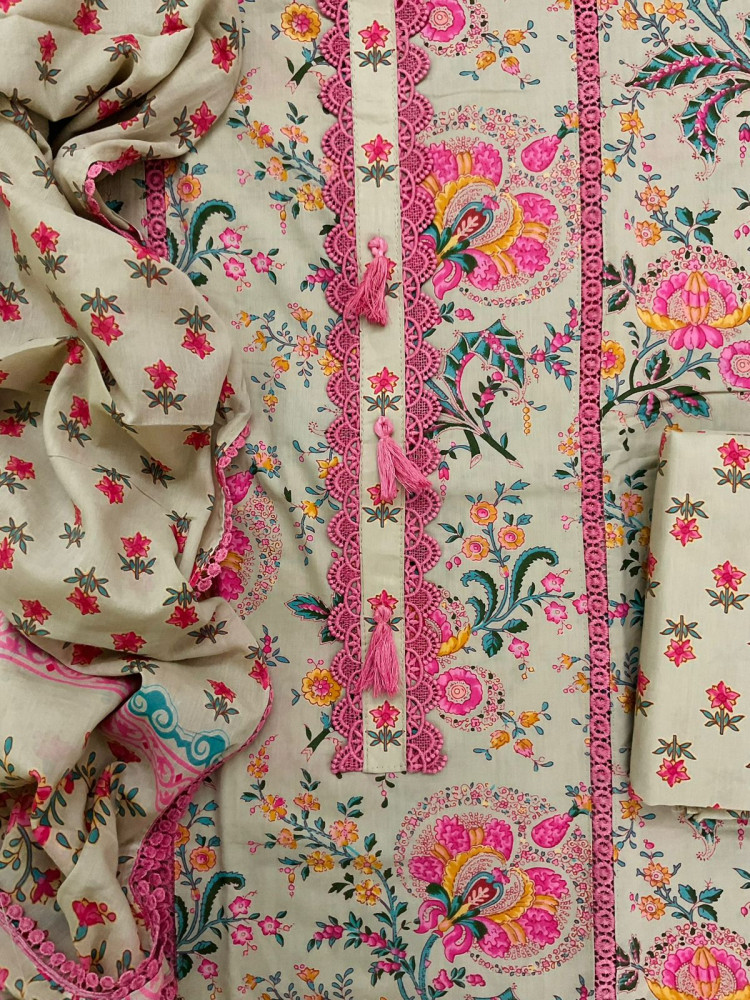 Image of Pure Cotton Printed Embroidered Suit - Beige