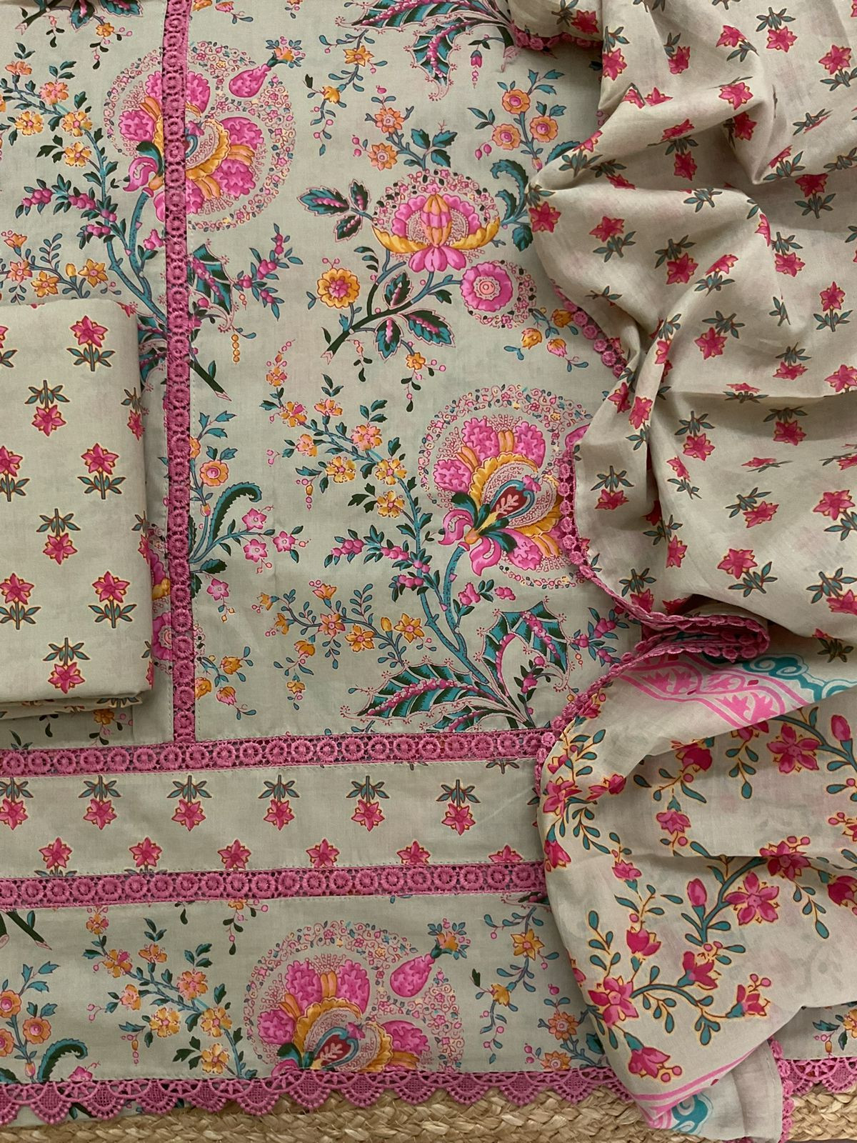 Pure Cotton Printed Embroidered Suit - Beige