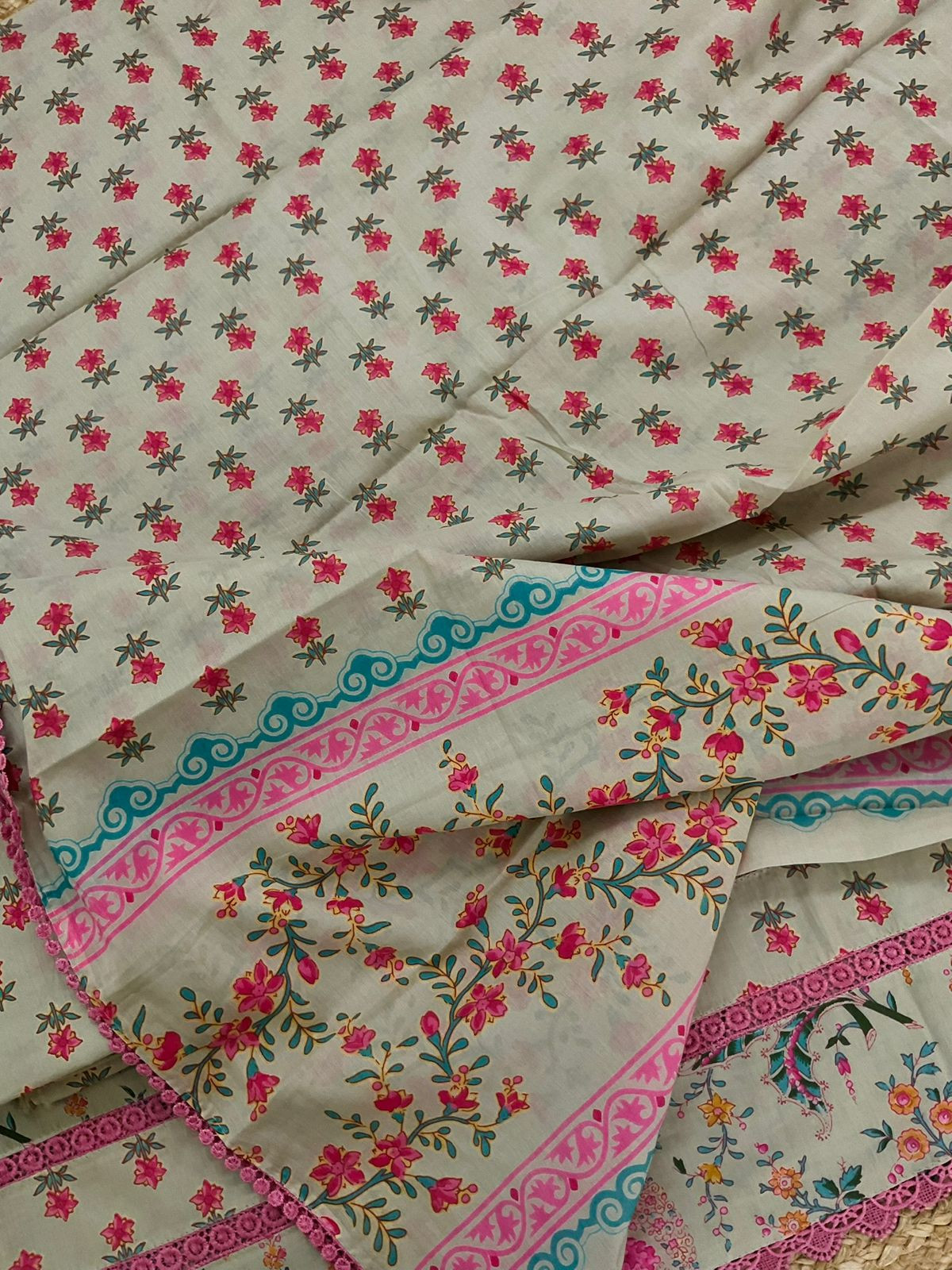 Pure Cotton Printed Embroidered Suit - Beige