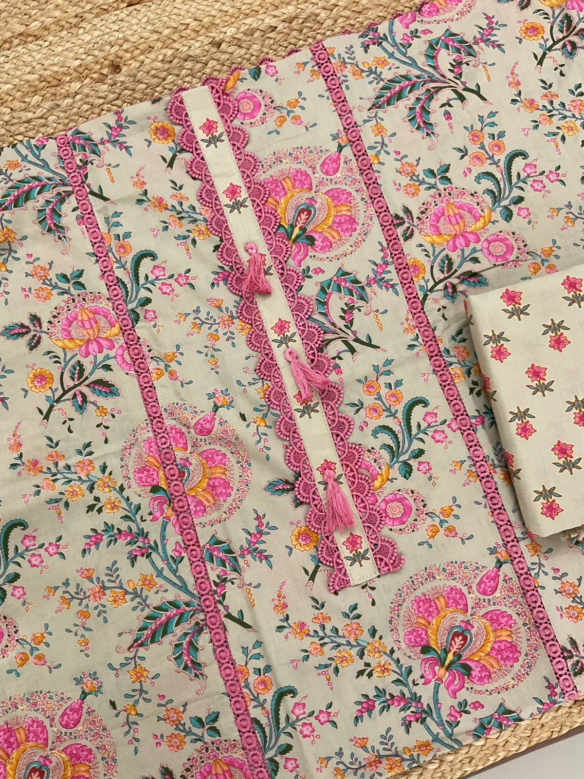 Pure Cotton Printed Embroidered Suit - Beige