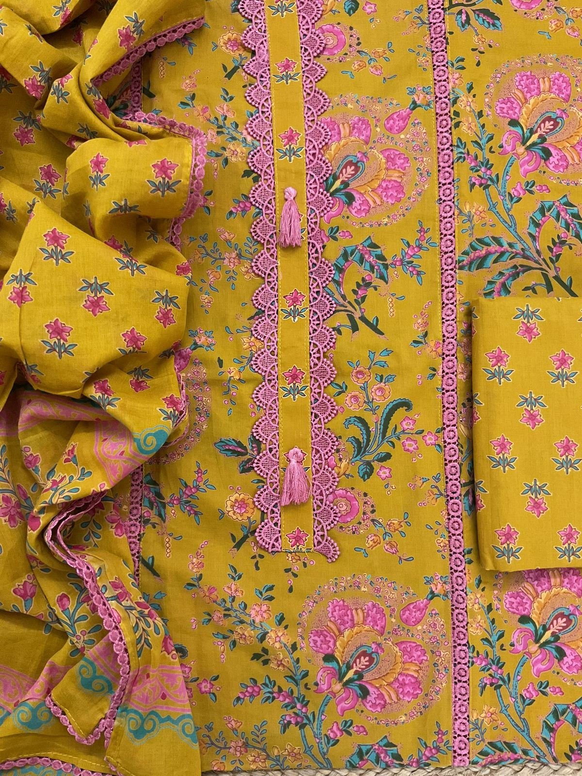 Pure Cotton Printed Embroidered Suit - Yellow