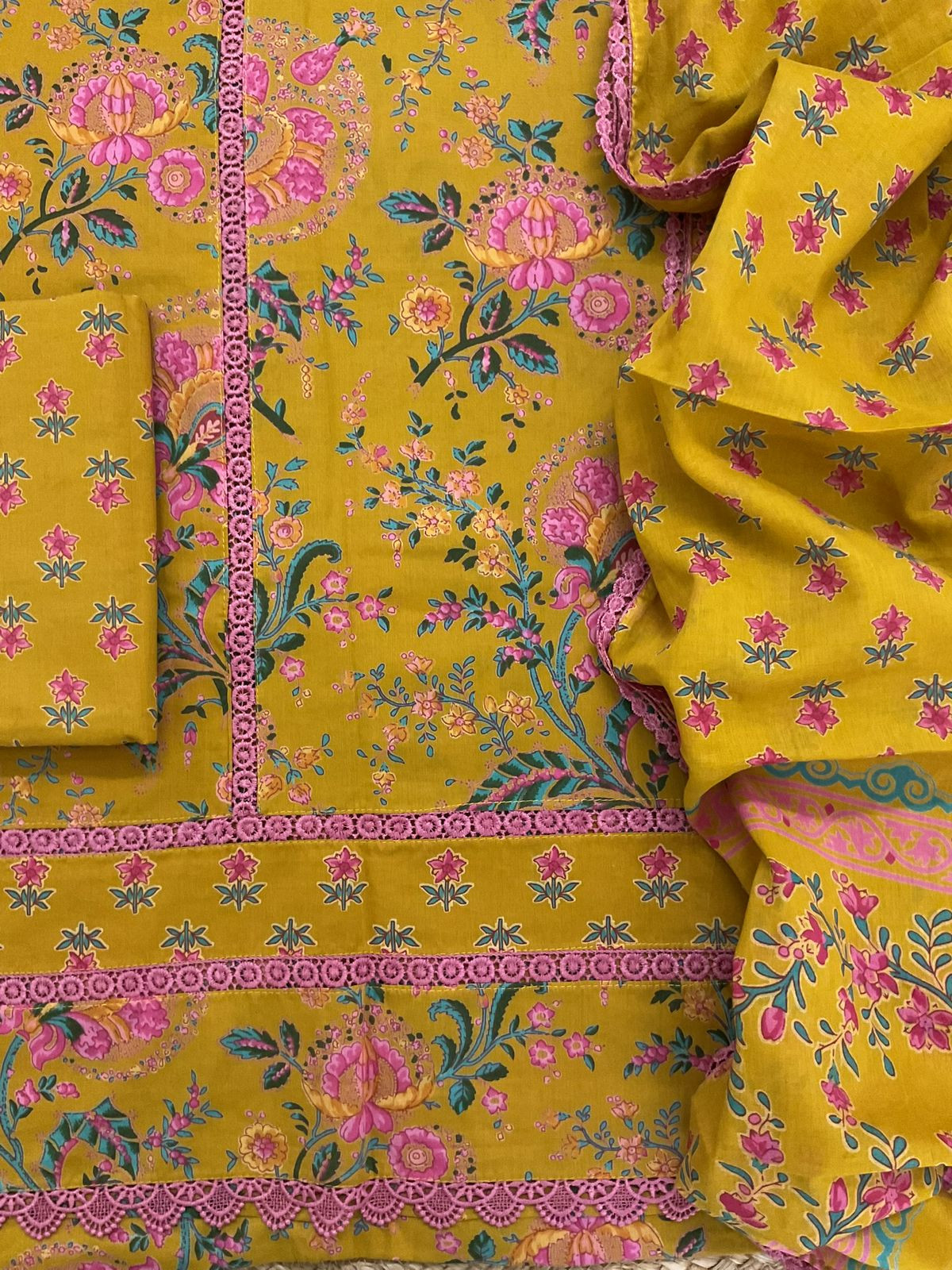 Pure Cotton Printed Embroidered Suit - Yellow