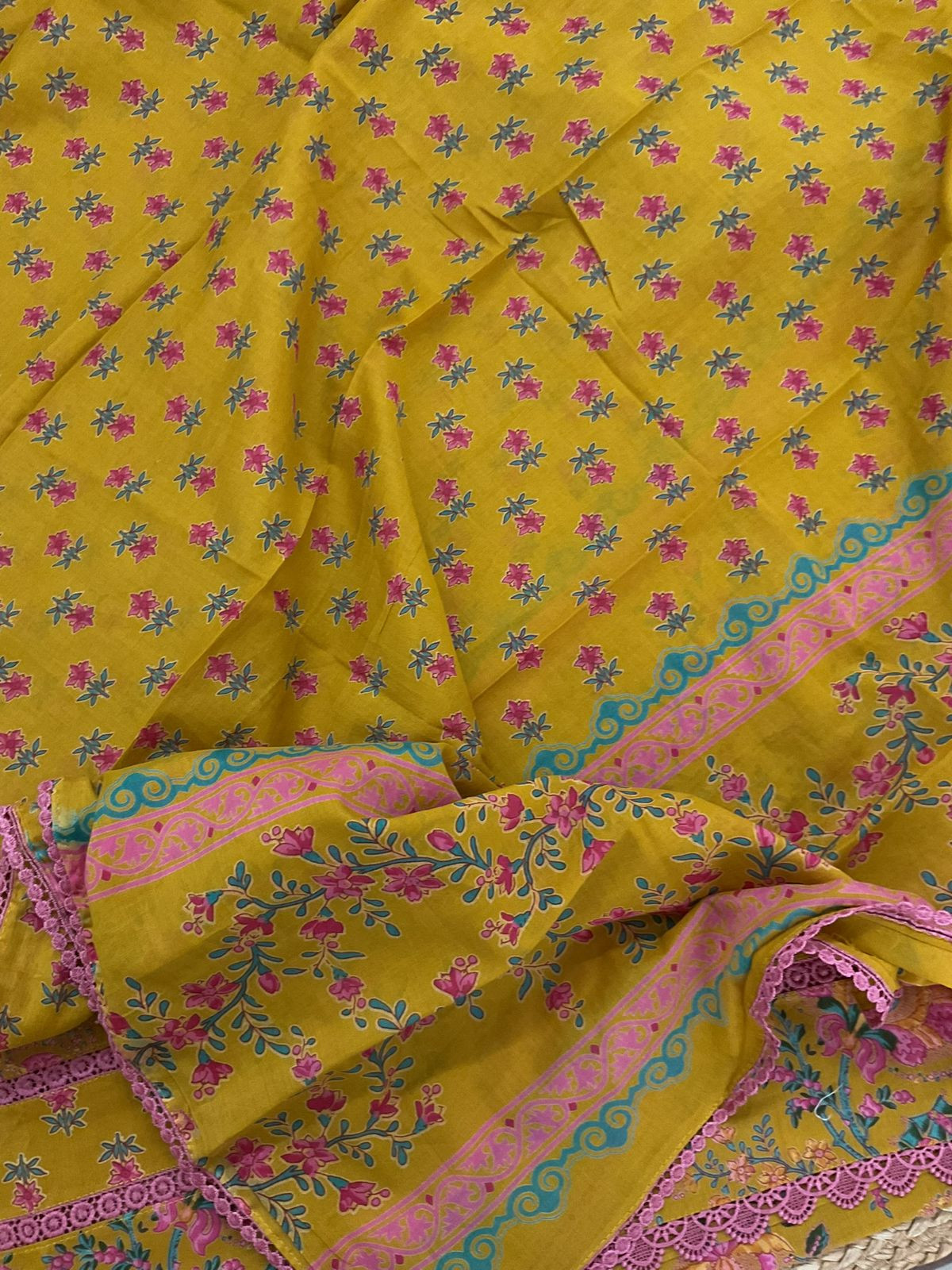Pure Cotton Printed Embroidered Suit - Yellow
