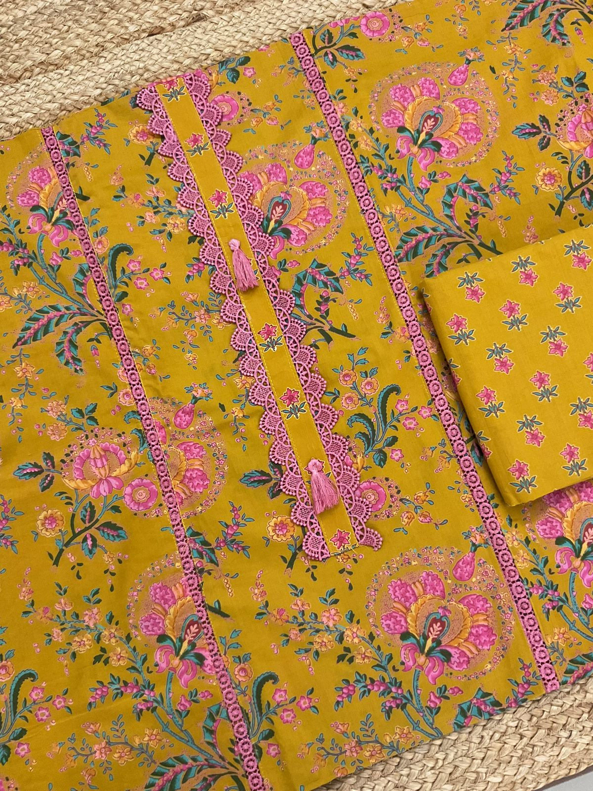 Pure Cotton Printed Embroidered Suit - Yellow