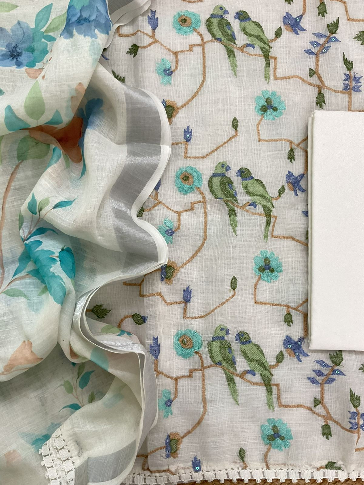 Soft Jute Kota Cotton Embroidered Suit - Off White