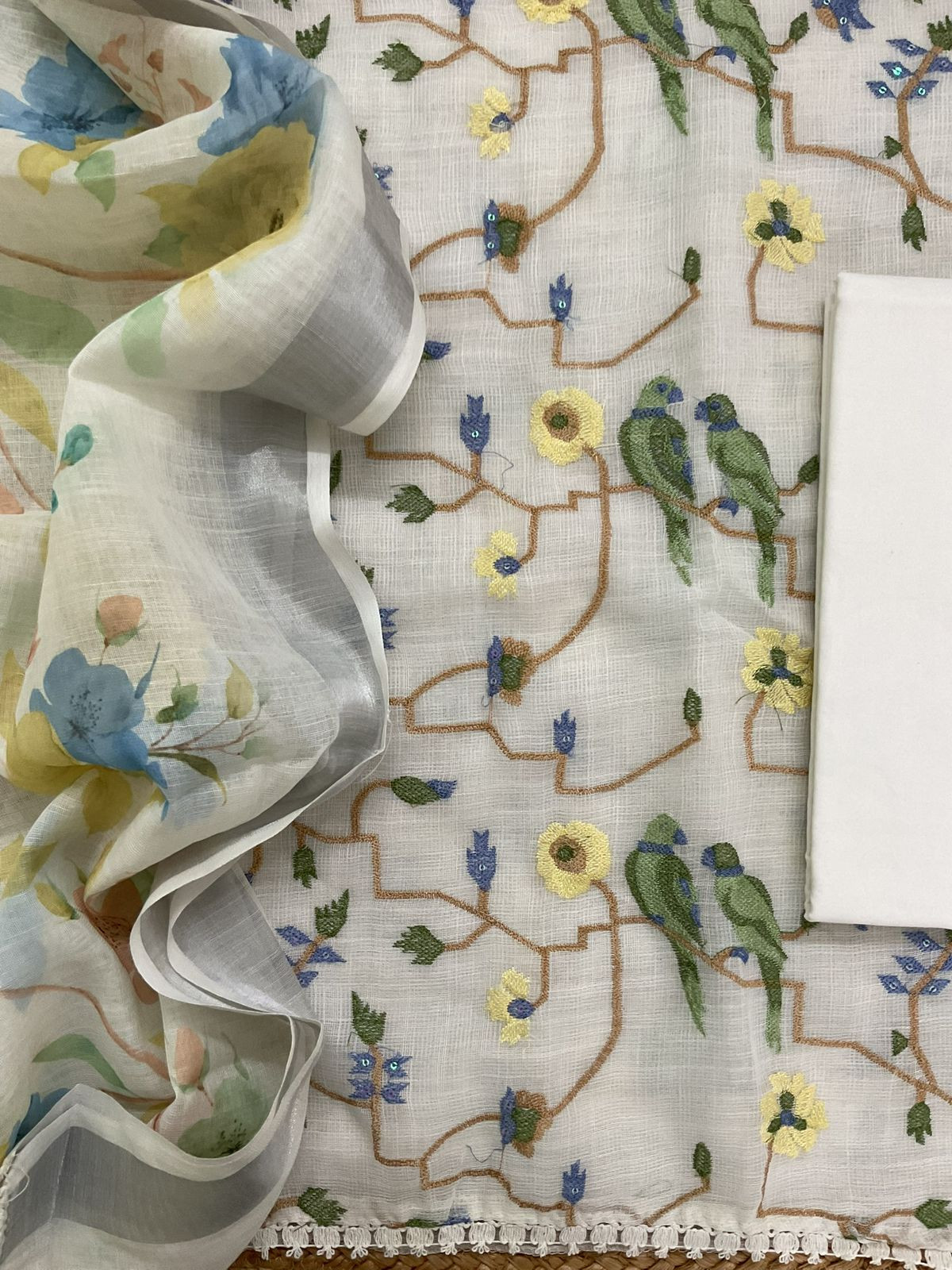 Soft Jute Kota Cotton Embroidered Suit - Off White