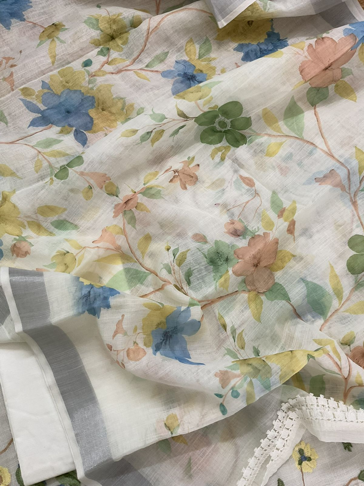 Soft Jute Kota Cotton Embroidered Suit - Off White