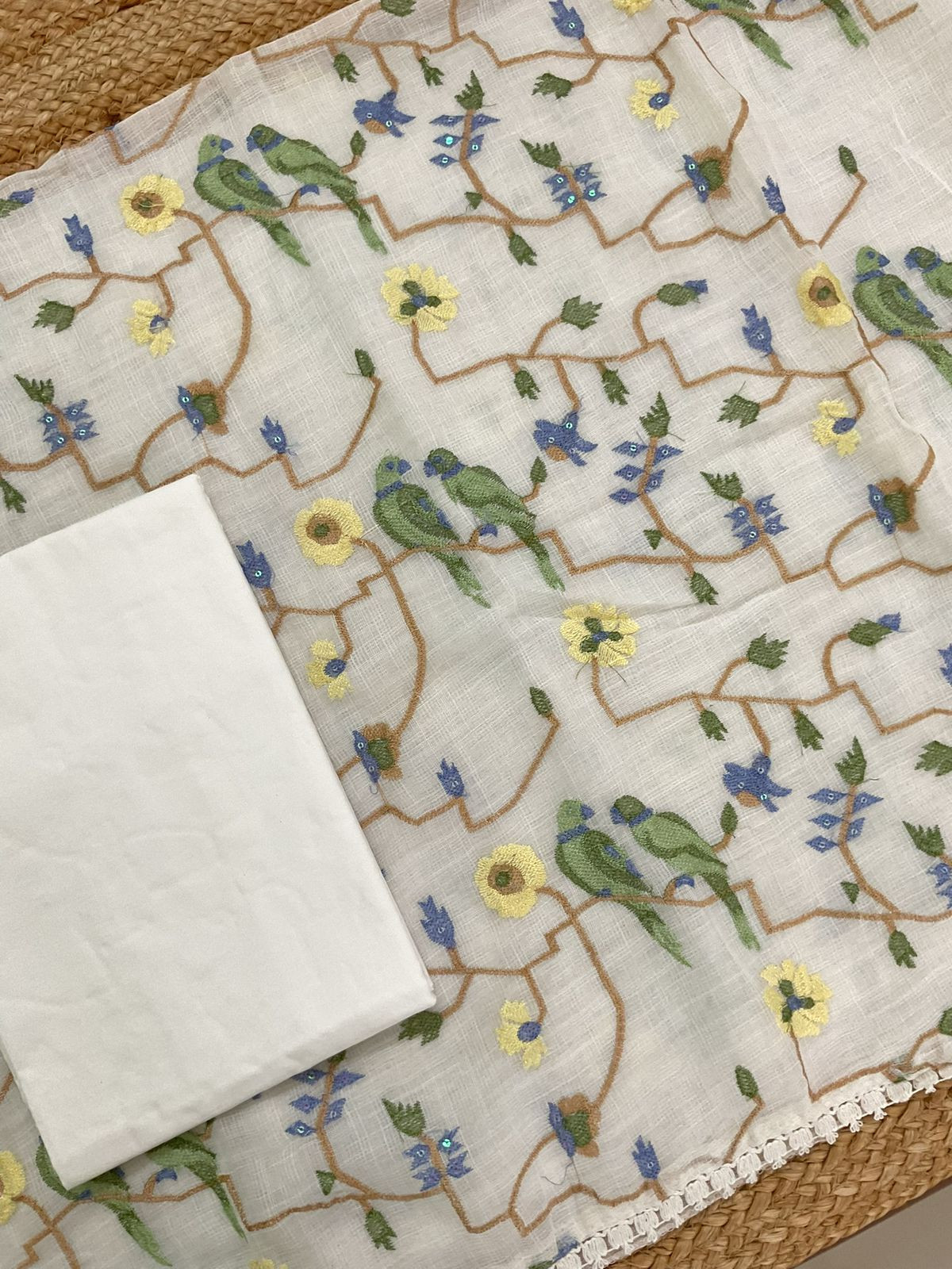 Soft Jute Kota Cotton Embroidered Suit - Off White