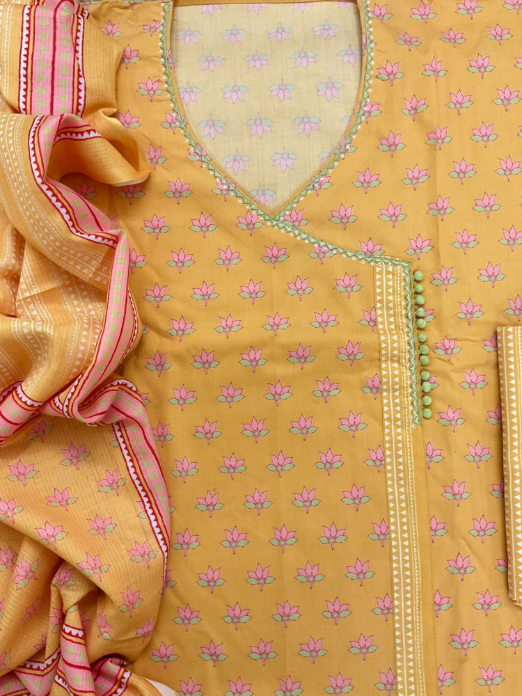 Image of Pure Jaam Cotton Printed Embroidered Suit - Yellow