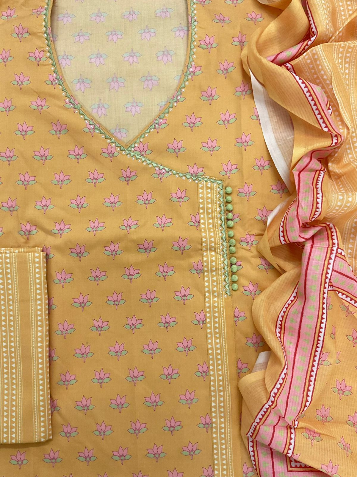Pure Jaam Cotton Printed Embroidered Suit - Yellow