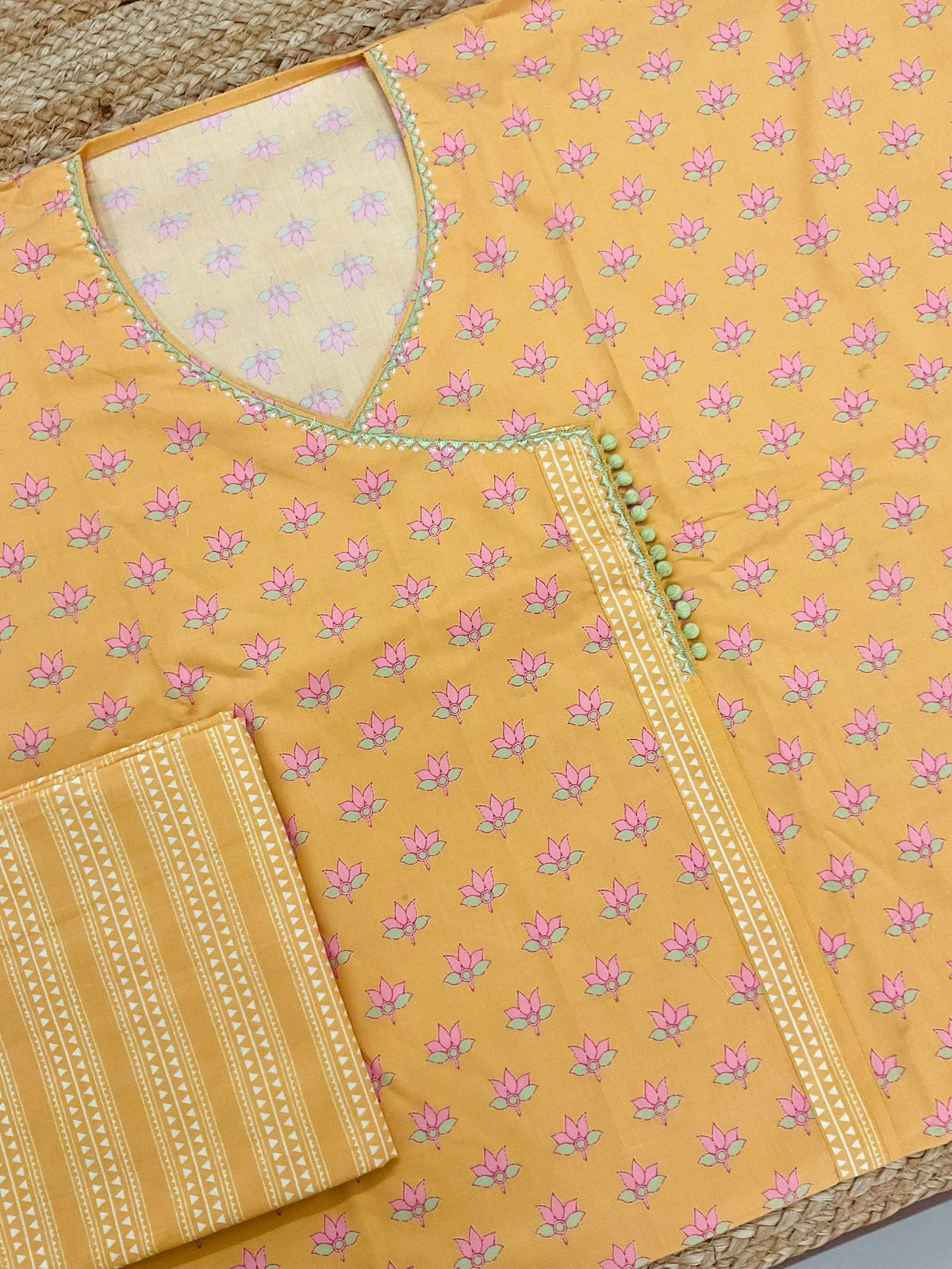 Pure Jaam Cotton Printed Embroidered Suit - Yellow