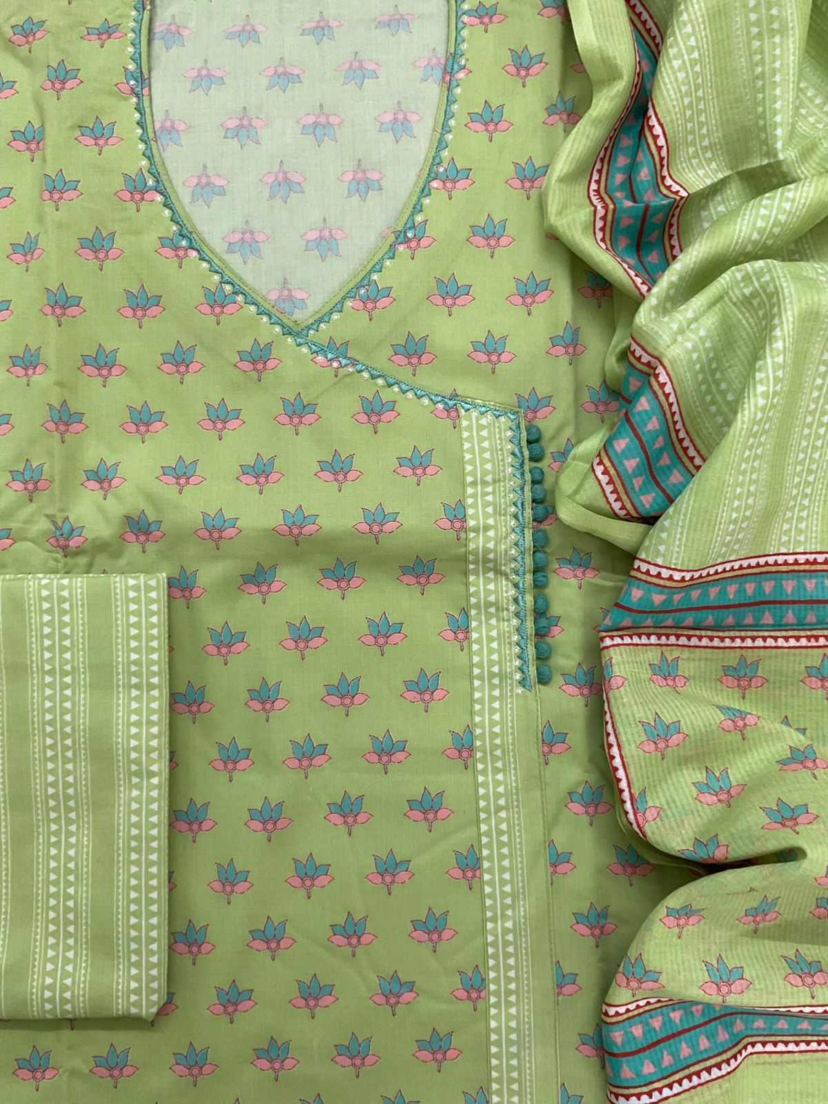 Pure Jaam Cotton Printed Embroidered Suit - Green