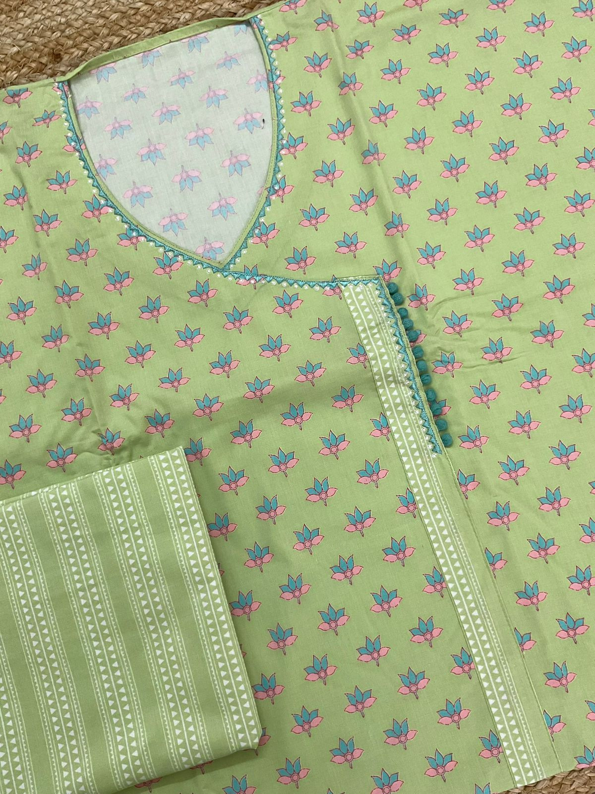 Pure Jaam Cotton Printed Embroidered Suit - Green