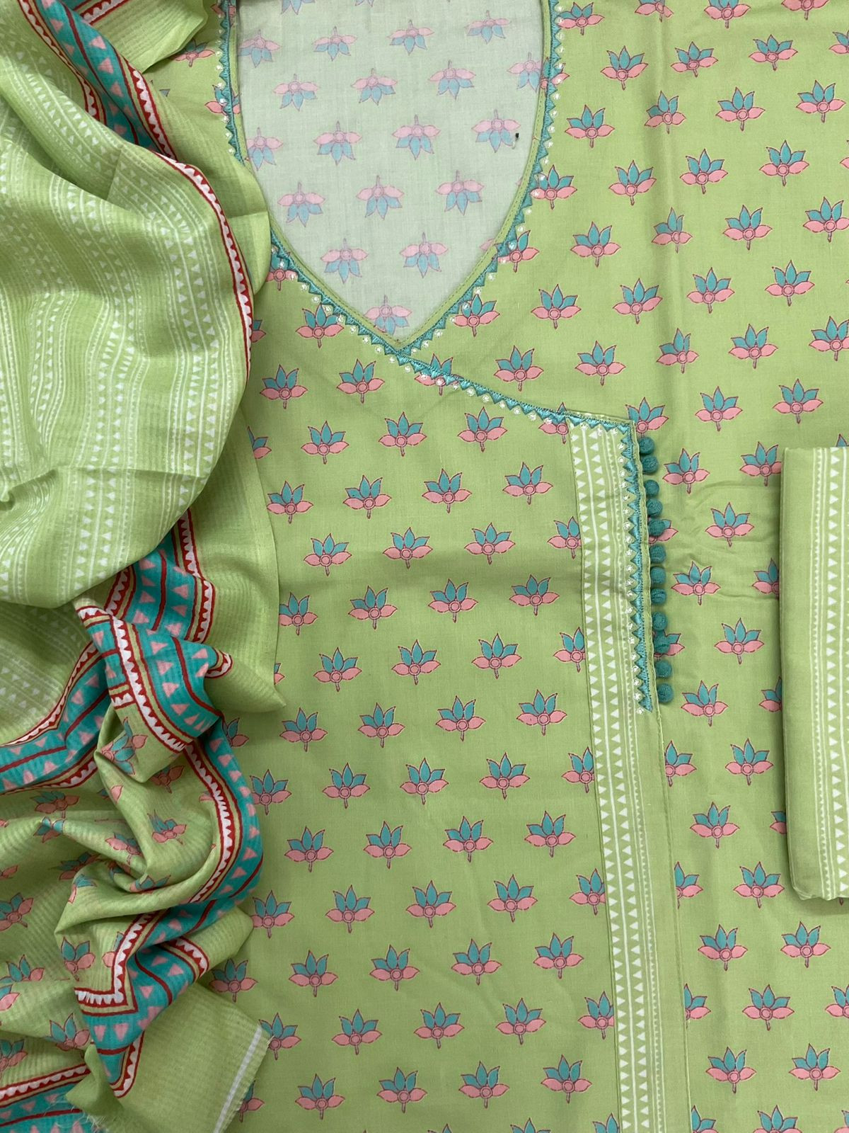 Pure Jaam Cotton Printed Embroidered Suit - Green