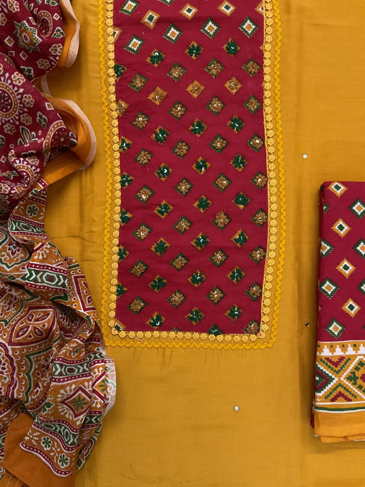 Image of Soft Muslin Printed Embroidered Suit - Yellow