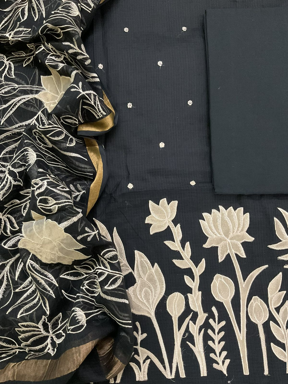 Pure Kota Silk Embroidered Suit - Black