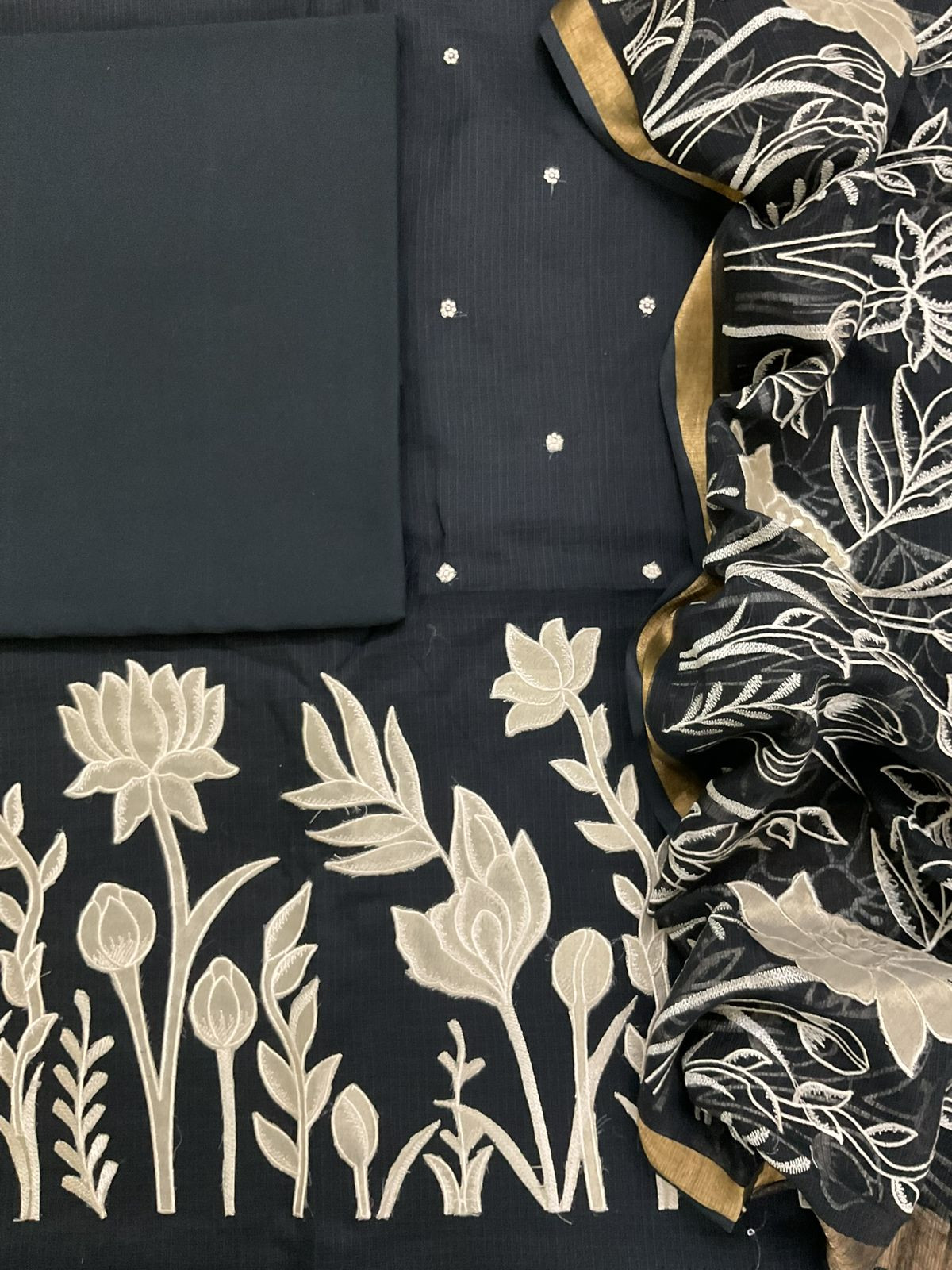 Pure Kota Silk Embroidered Suit - Black