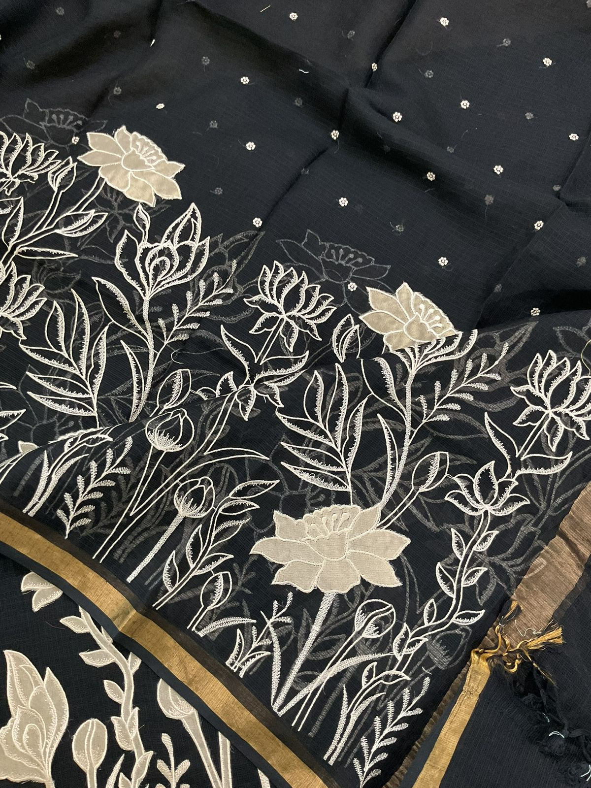 Pure Kota Silk Embroidered Suit - Black