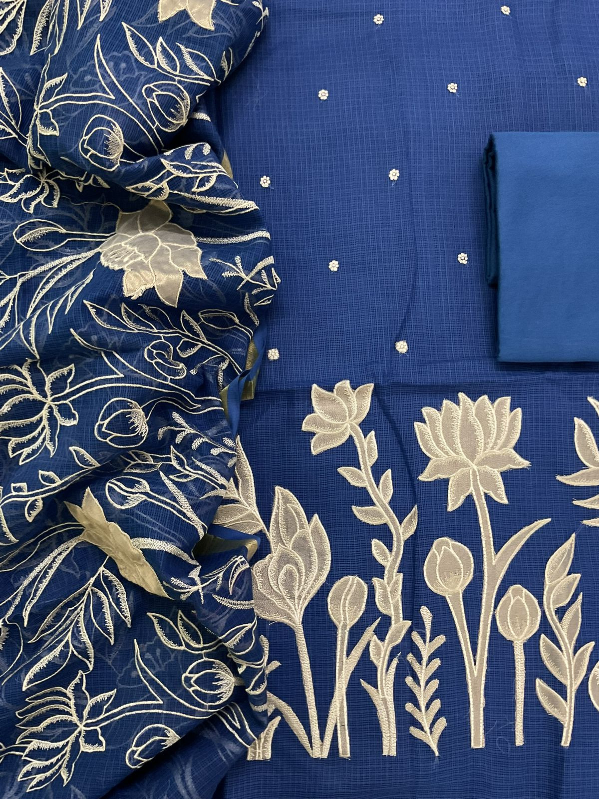 Pure Kota Silk Embroidered Suit - Blue