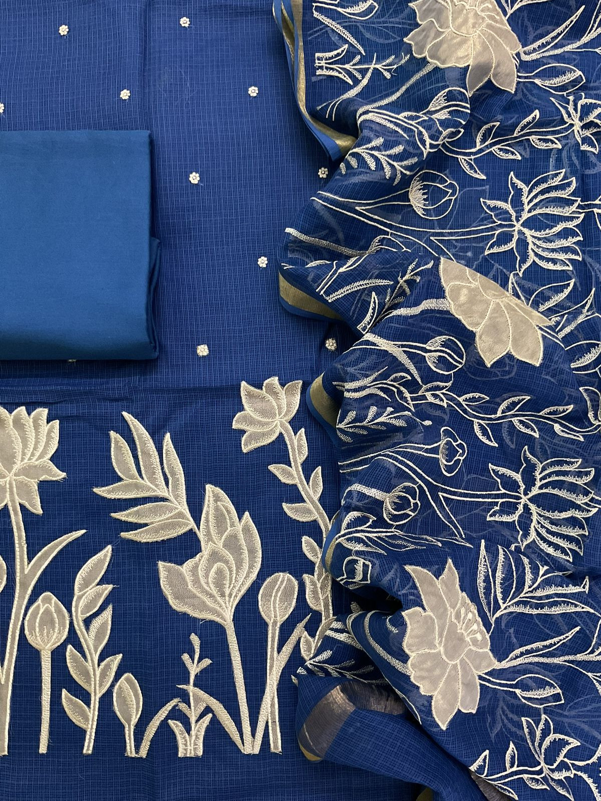 Pure Kota Silk Embroidered Suit - Blue