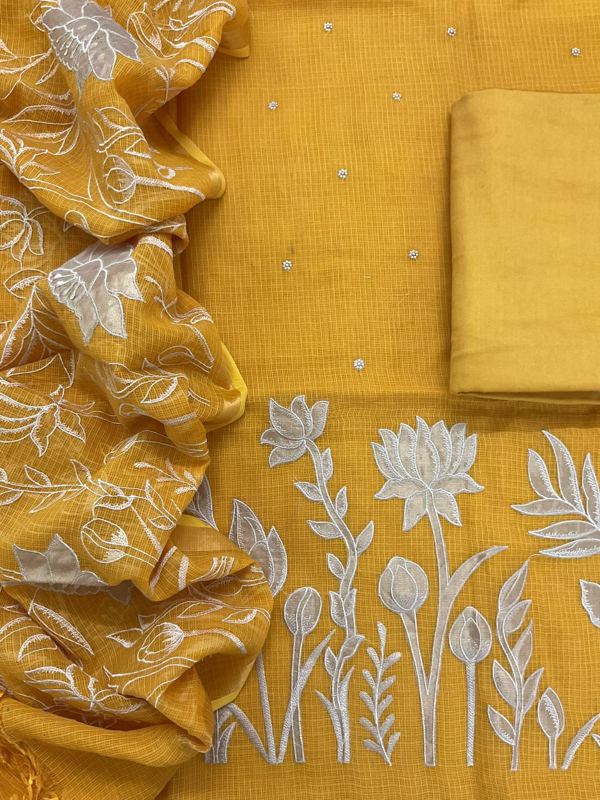 Pure Kota Silk Embroidered Suit - Yellow