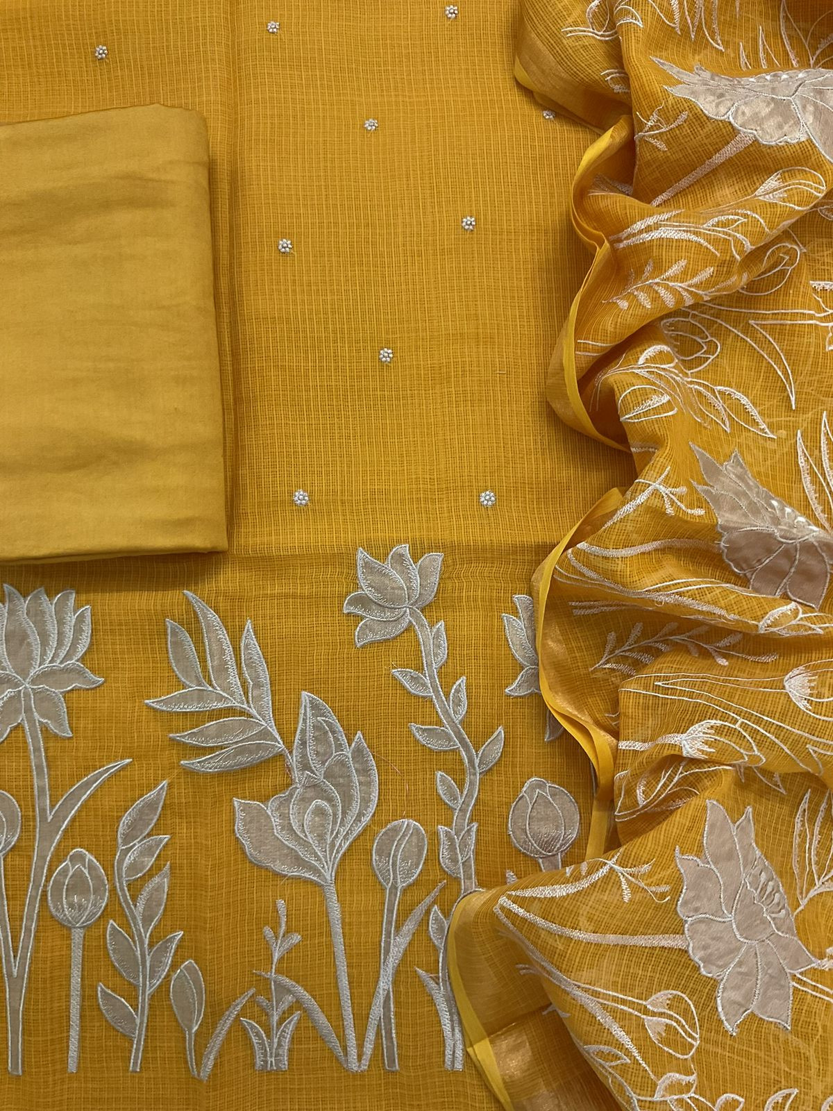 Pure Kota Silk Embroidered Suit - Yellow