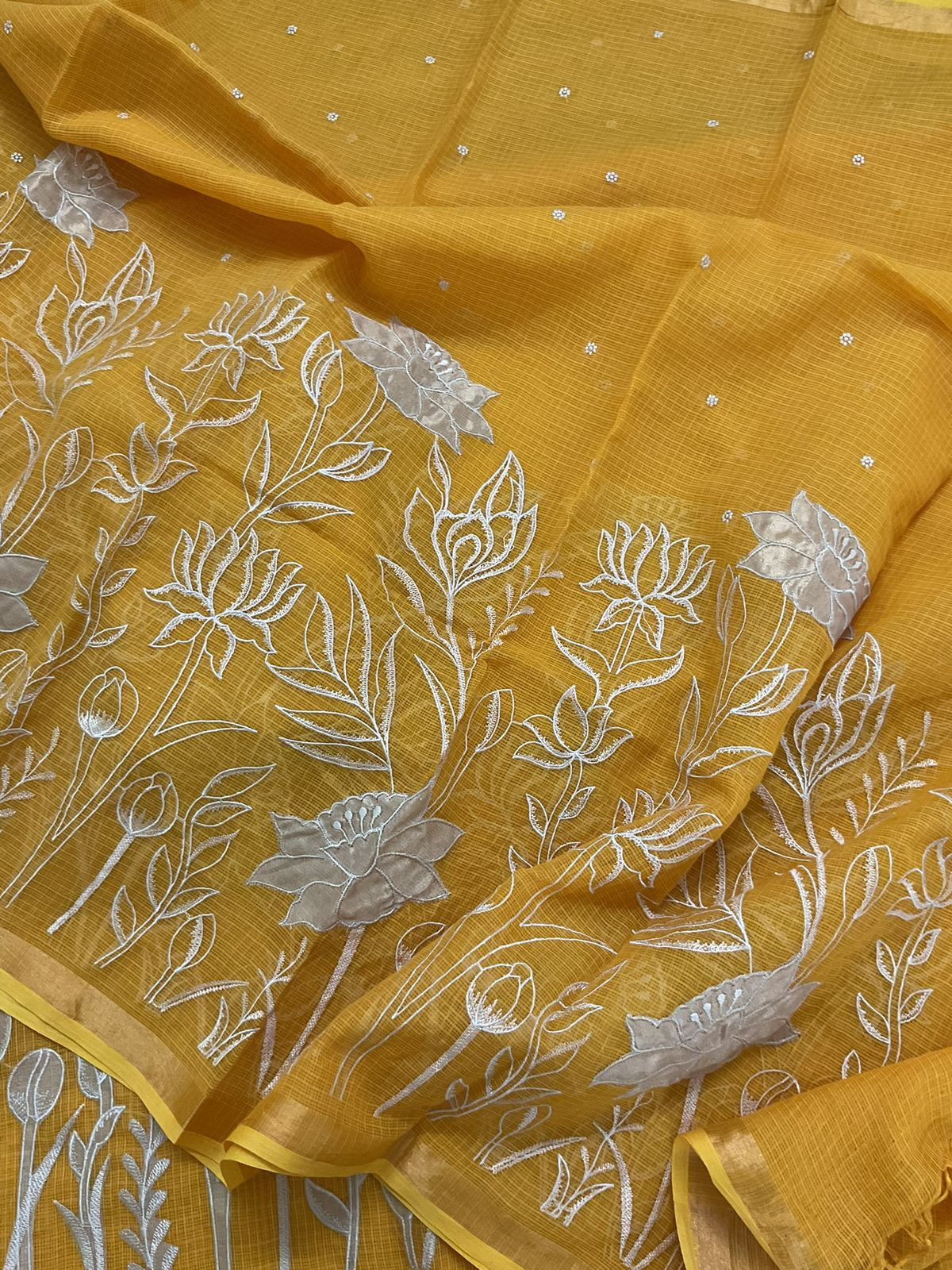 Pure Kota Silk Embroidered Suit - Yellow