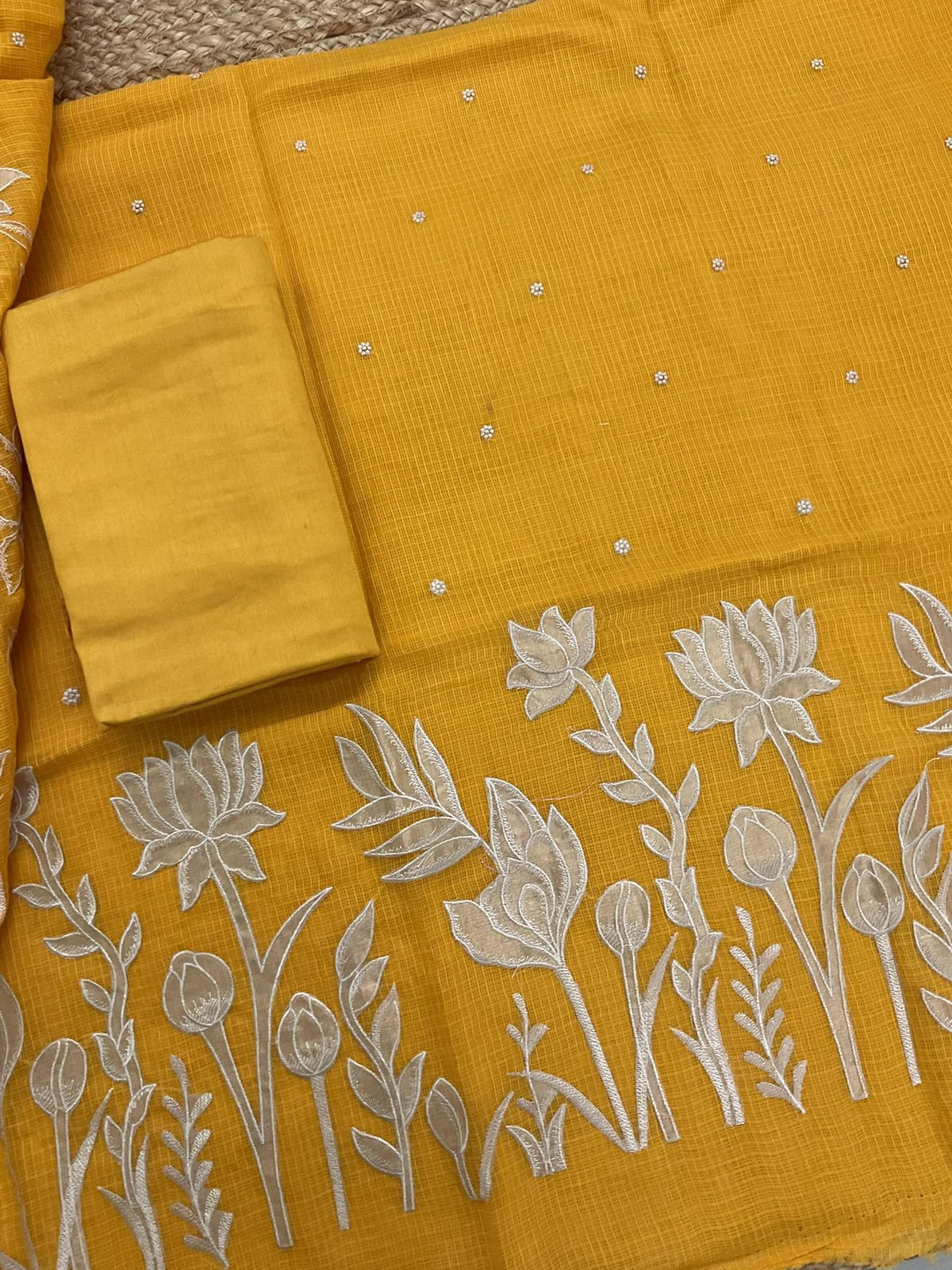 Pure Kota Silk Embroidered Suit - Yellow