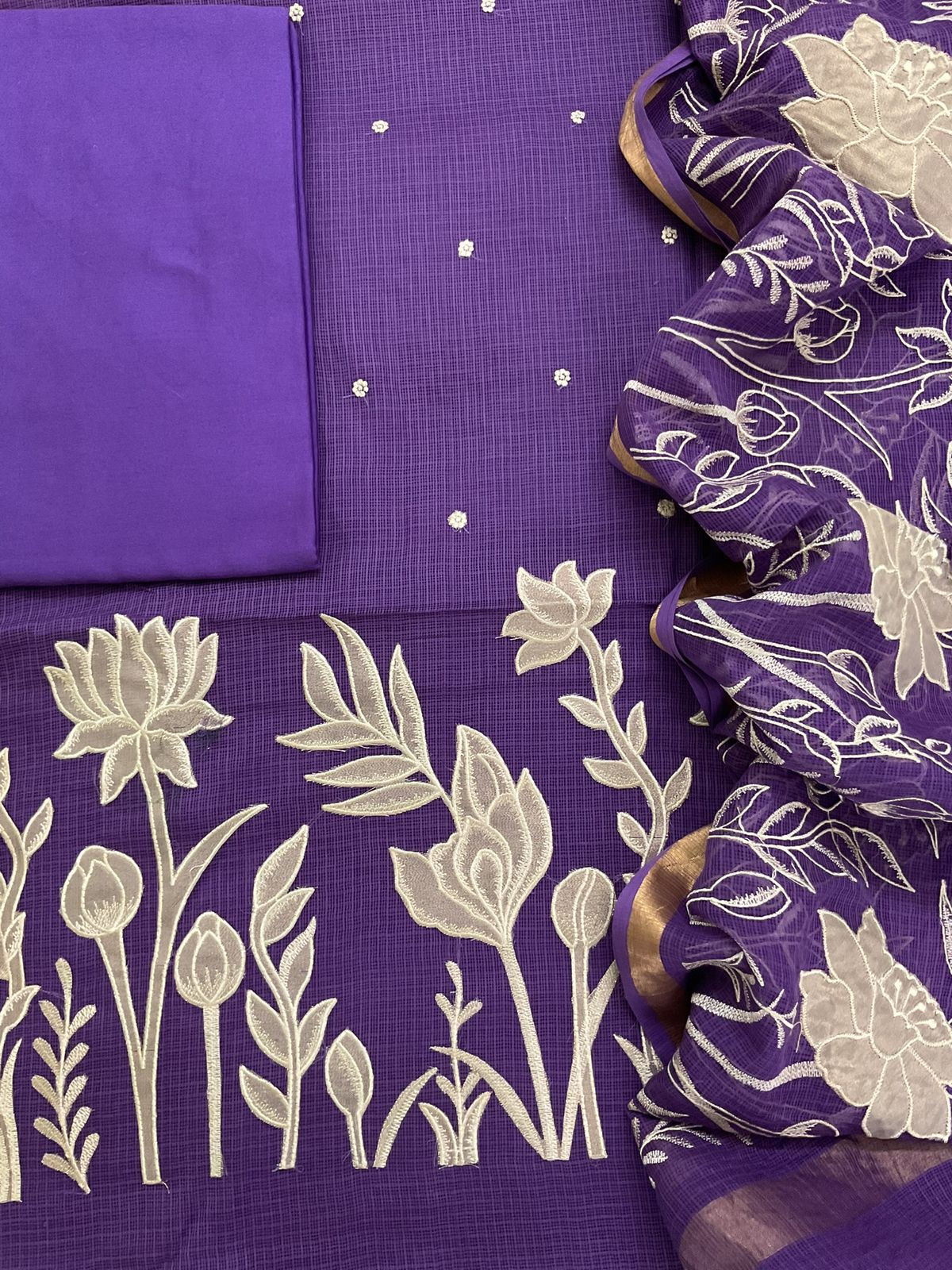 Pure Kota Silk Embroidered Suit - Violet