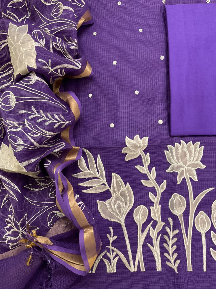 Image of Pure Kota Silk Embroidered Suit - Violet