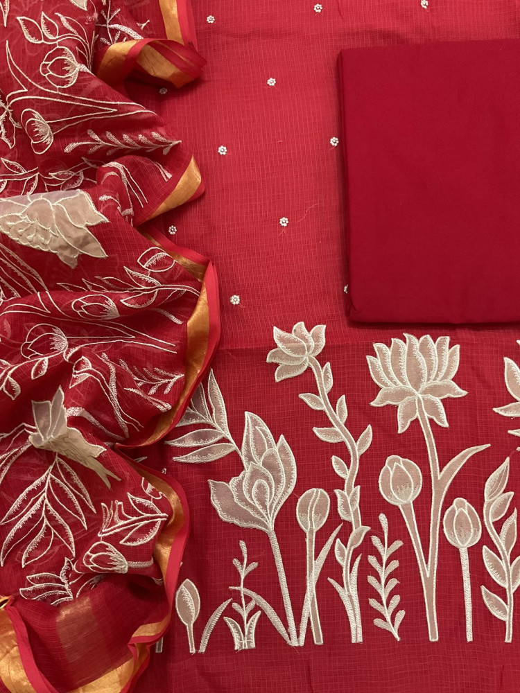 Image of Pure Kota Silk Embroidered Suit - Red