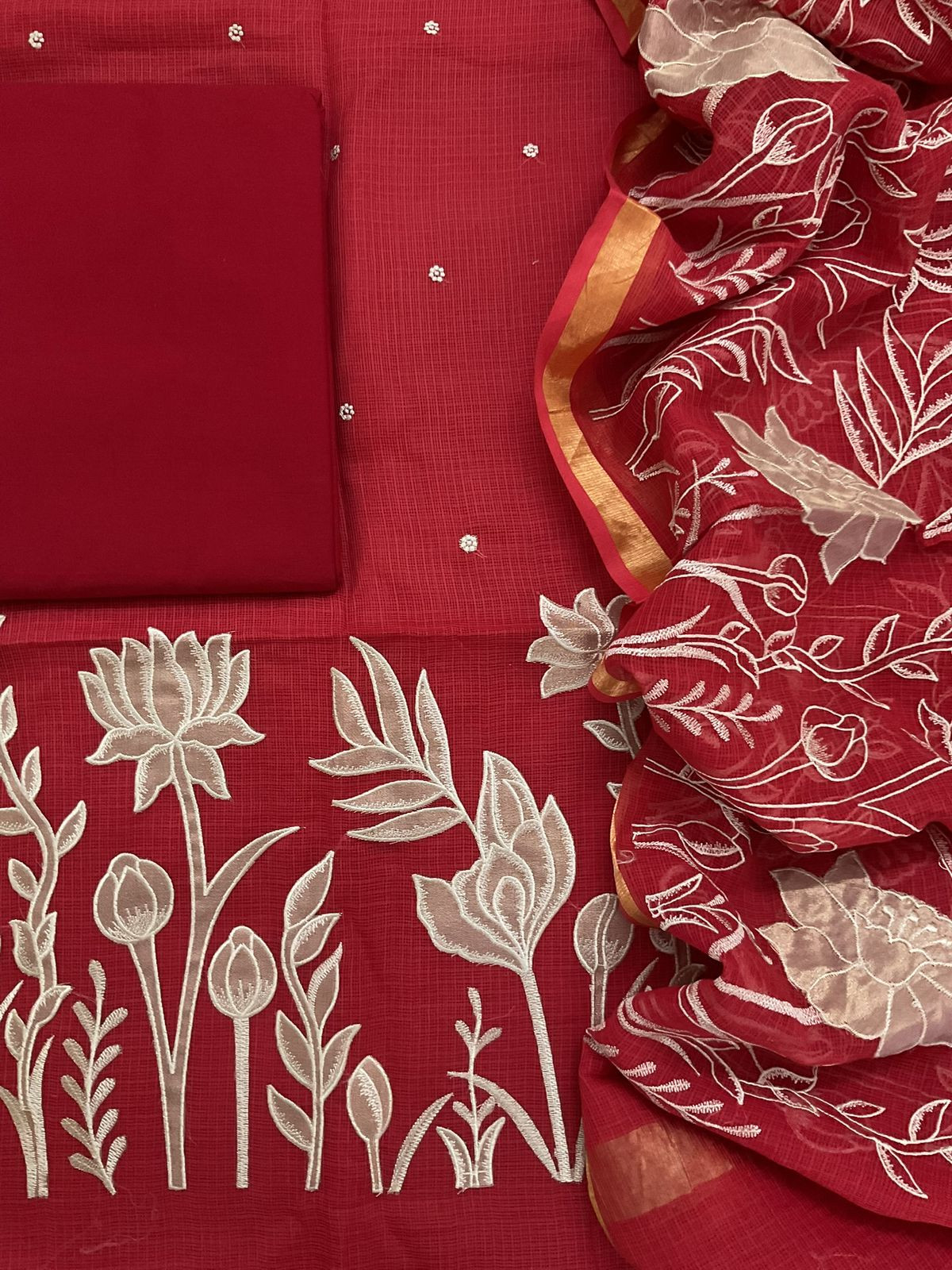 Pure Kota Silk Embroidered Suit - Red