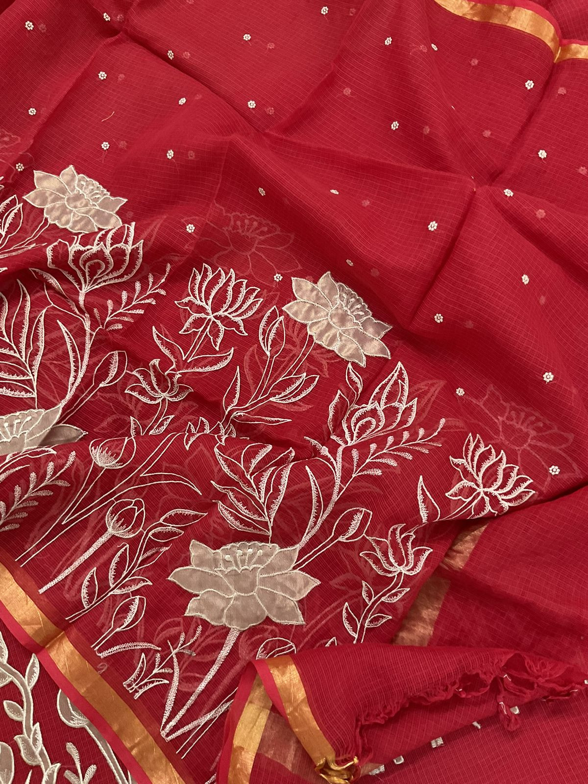 Pure Kota Silk Embroidered Suit - Red
