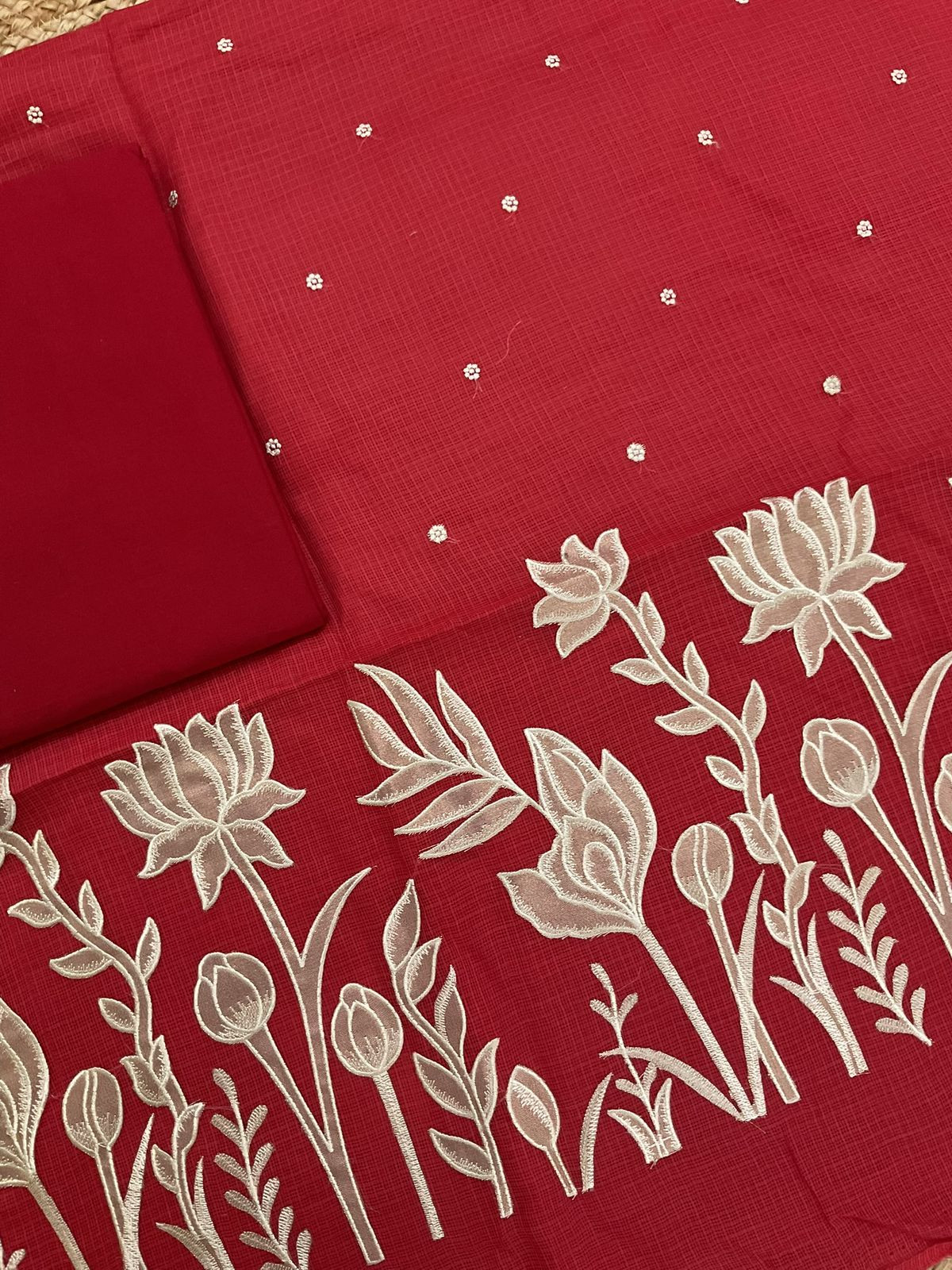 Pure Kota Silk Embroidered Suit - Red
