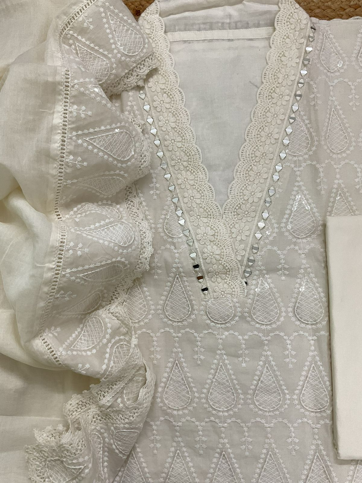 Pure Cotton Embroidered Suit - Off White