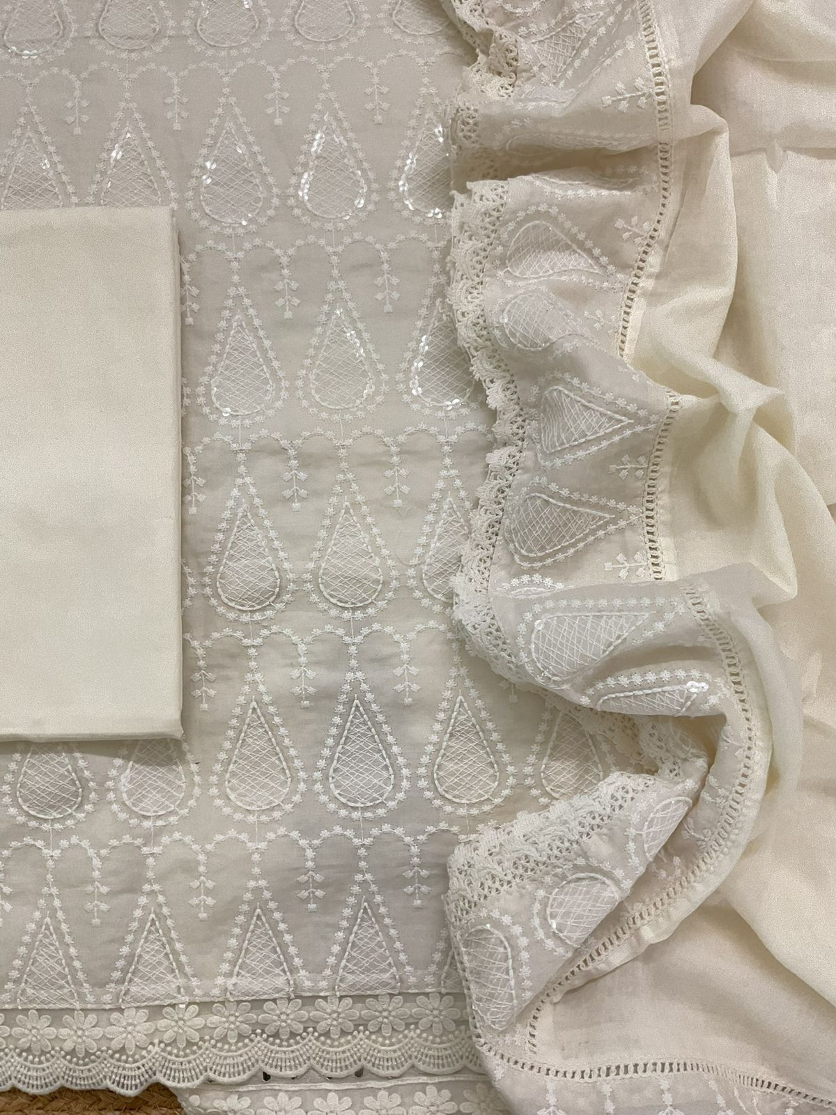 Pure Cotton Embroidered Suit - Off White