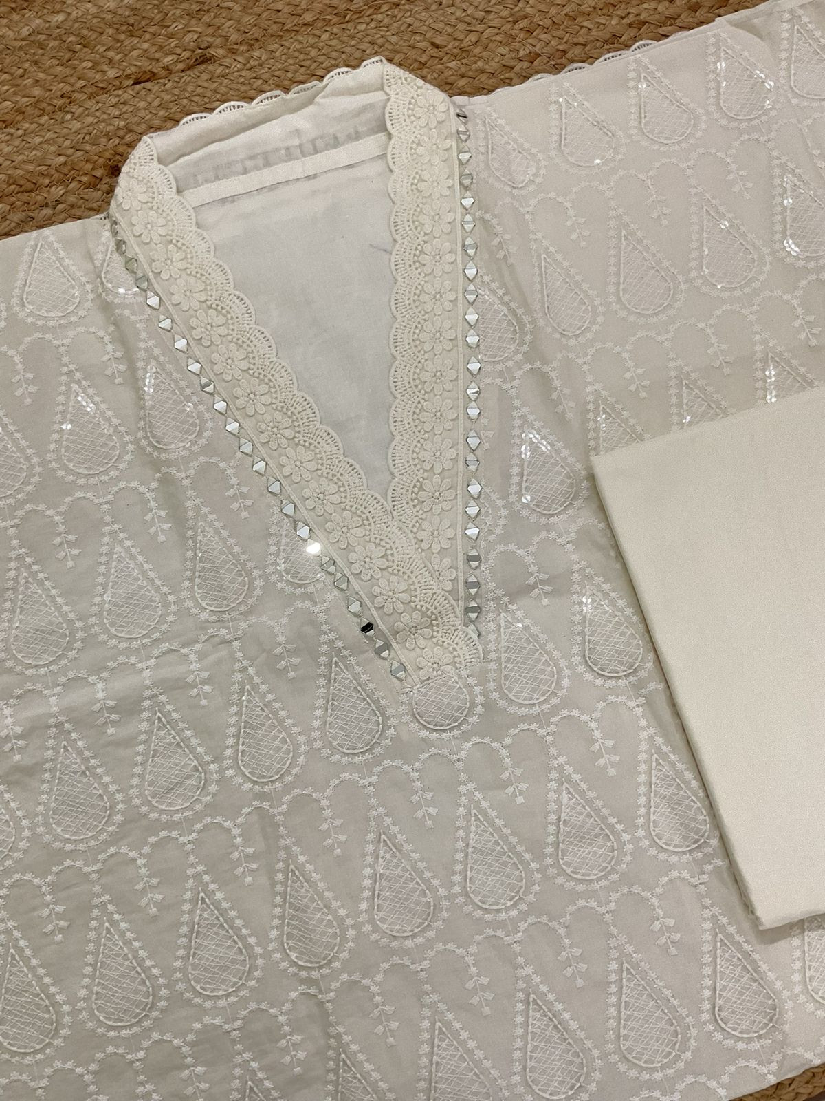 Pure Cotton Embroidered Suit - Off White