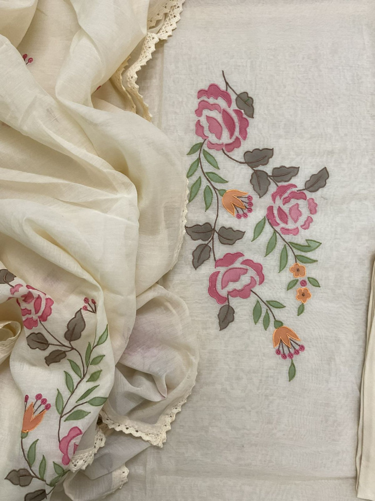 Image of Pure Chanderi Embroidered Suit - Cream