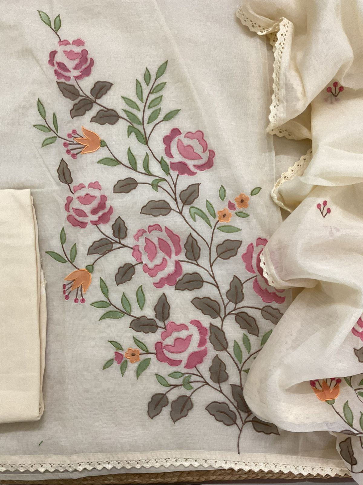 Pure Chanderi Embroidered Suit - Cream