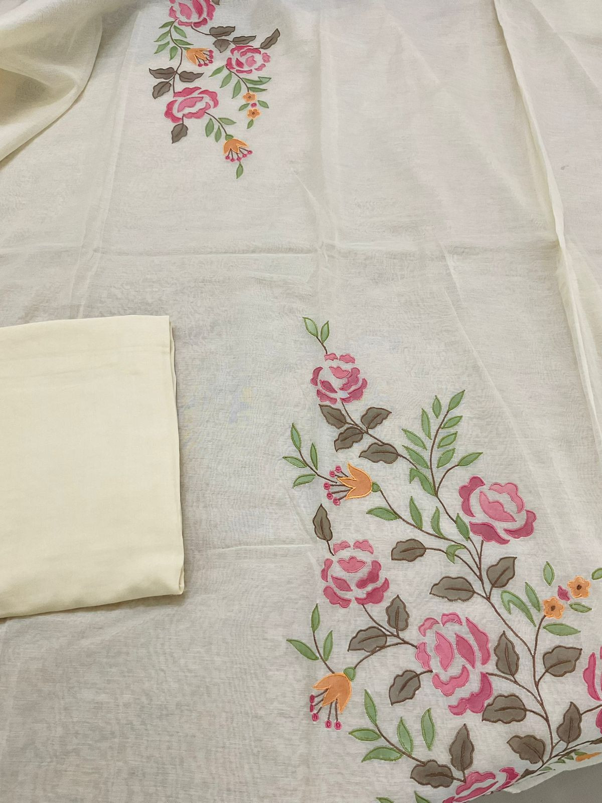 Pure Chanderi Embroidered Suit - Cream