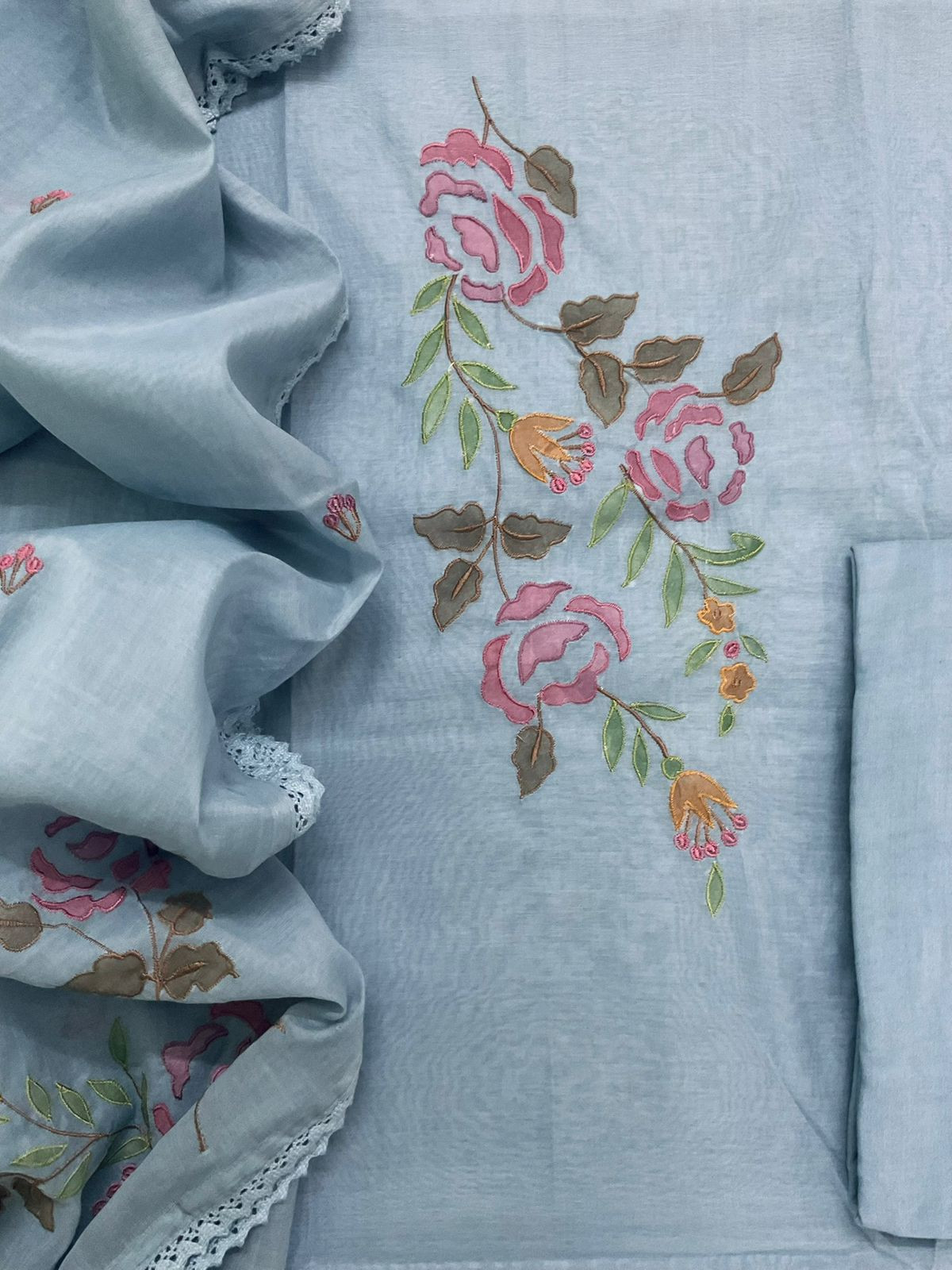 Pure Chanderi Embroidered Suit - Blue