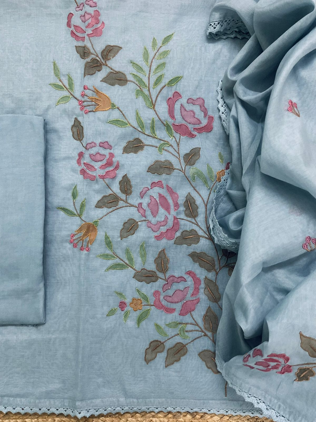 Pure Chanderi Embroidered Suit - Blue