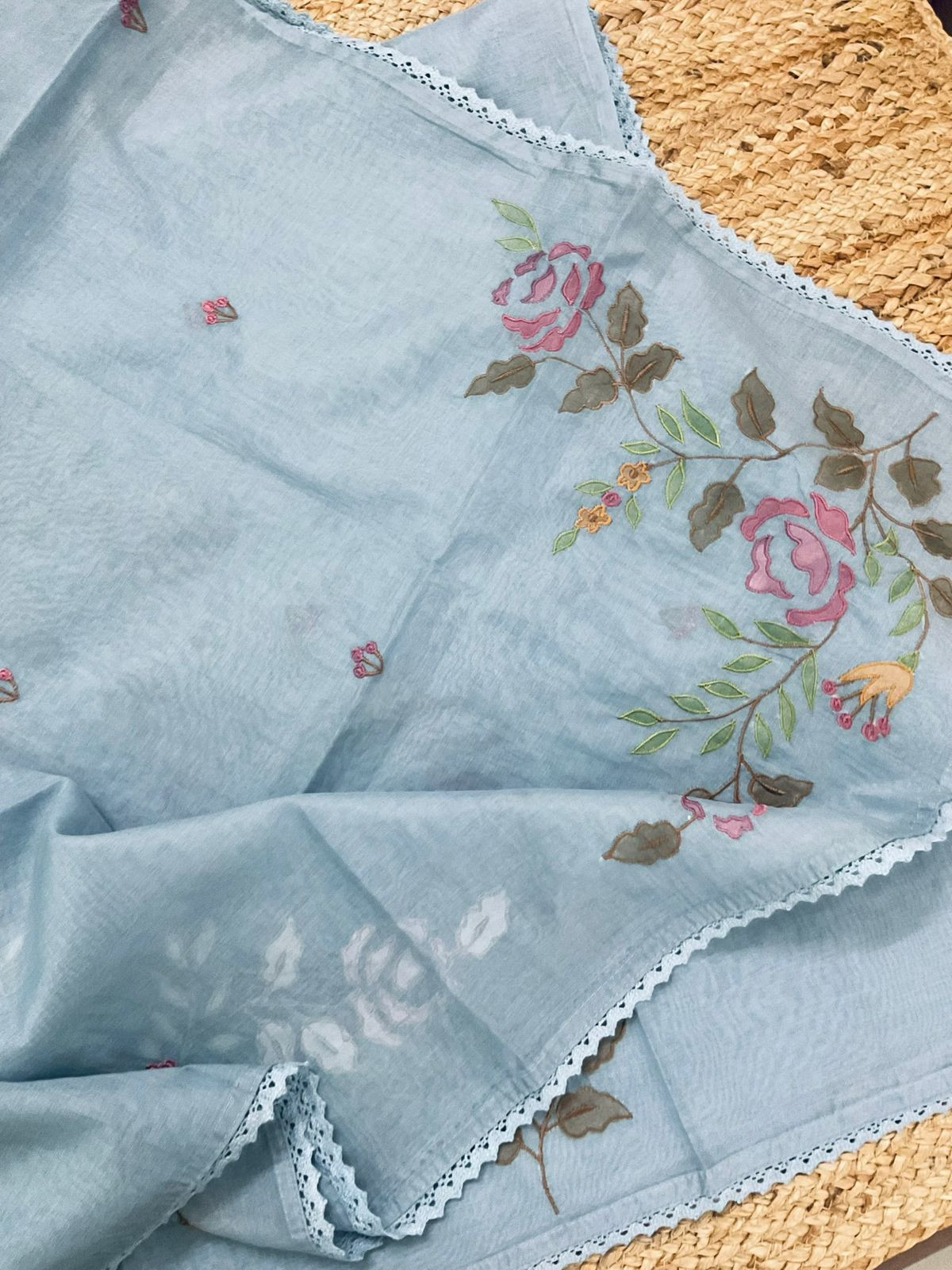 Pure Chanderi Embroidered Suit - Blue