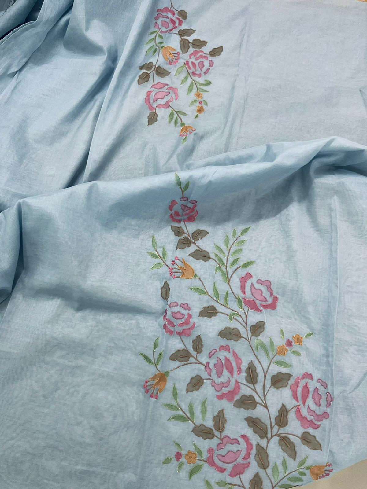 Pure Chanderi Embroidered Suit - Blue