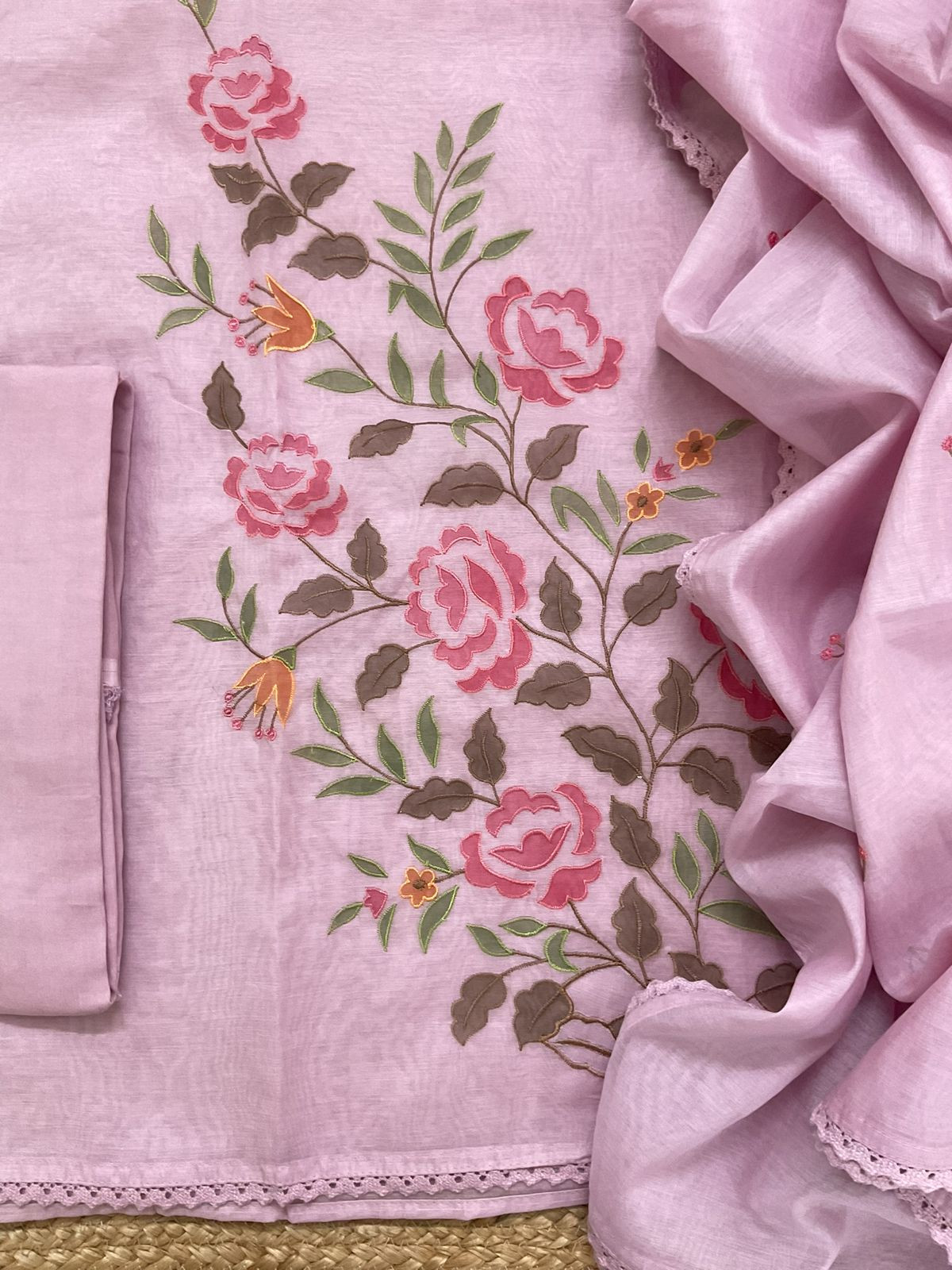 Pure Chanderi Embroidered Suit - Mauve