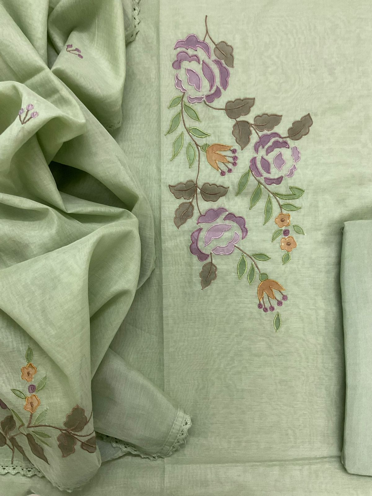 Pure Chanderi Embroidered Suit - Green