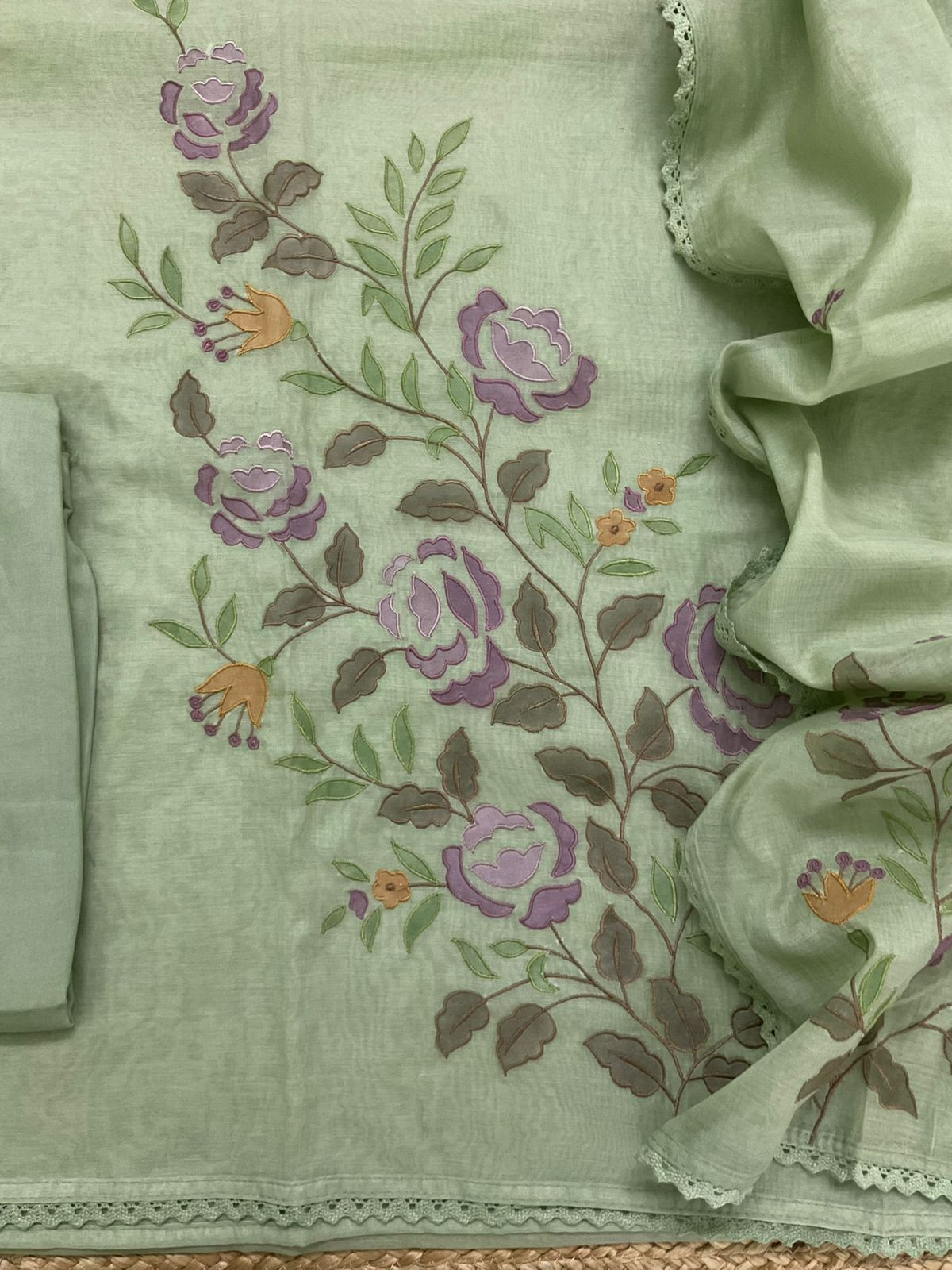 Pure Chanderi Embroidered Suit - Green